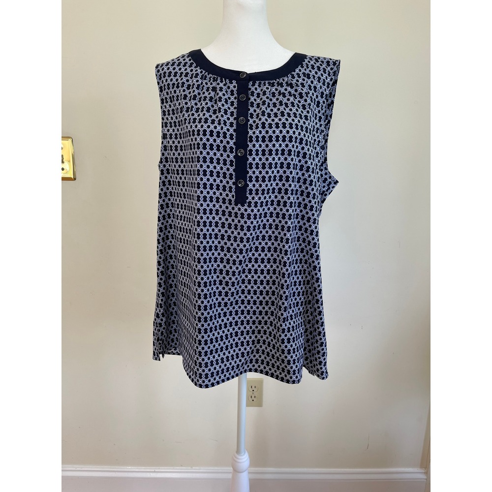 Croft & Barrow Womens XL Navy Blue Geometric Lattice Sleeveless Button Blouse